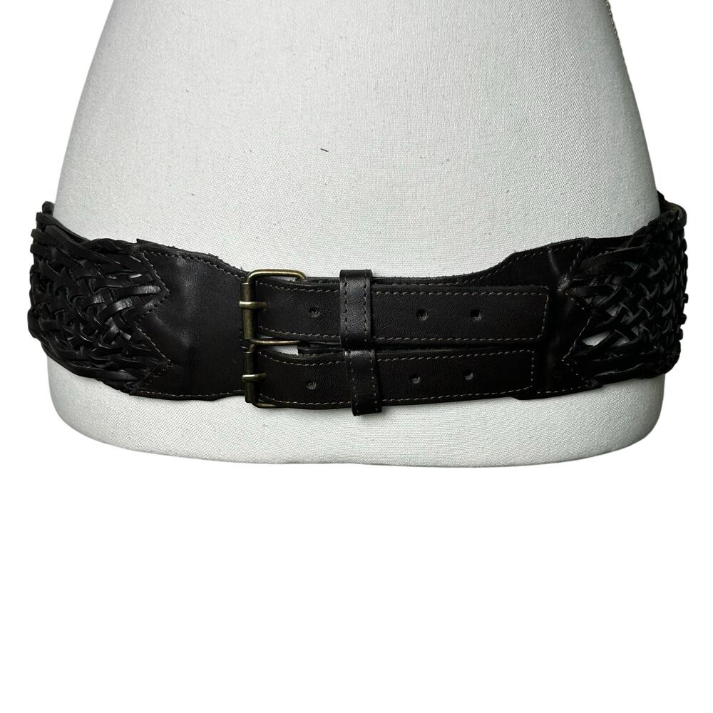 Betsey Johnson dark brown leather wide braid design double prong metal buckle M
